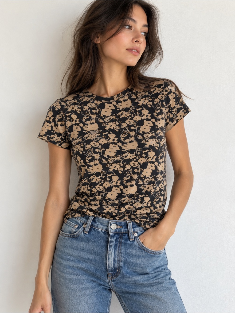 Rag & Bone Floral Organic Cotton Baby Tee Black Tan XS Minimalist